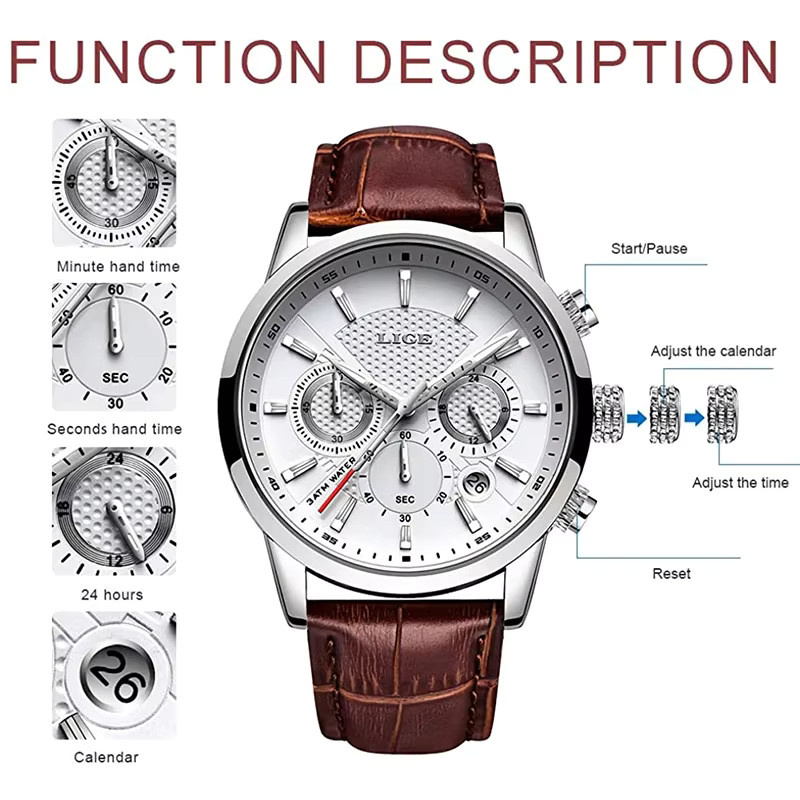 LIGE Armbanduhr Quarz, Leder, Edelstahl, Datum, Herren - Bild 2