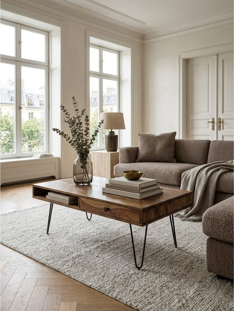 Couchtisch aus Massivholz und Metall im Landhausstil von KADIMA DESIGN, Braun, B/T/H: 110 x 60 x 40 cm - Bild 1