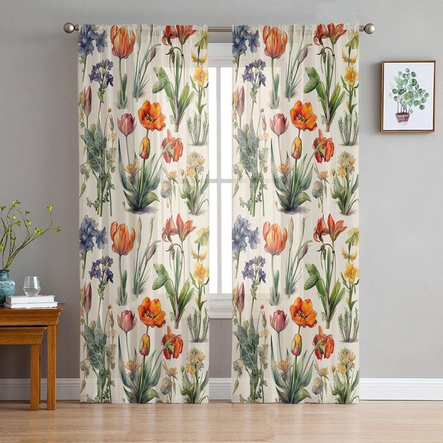 Super Six Voile Gardine mit Blumenblättern und Blütenknospen in Grau, B/H: 135 x 114 cm - Bild 1