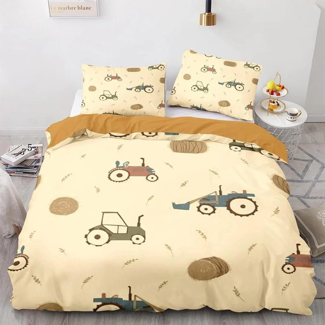 Binchi Fitness Kinder Bettwäsche-Set mit Traktor-Motiv in Beige, bestehend aus Bettbezug und Kissenbezug, 3D-Druck, B/H: 140 x 210 cm - Bild 1