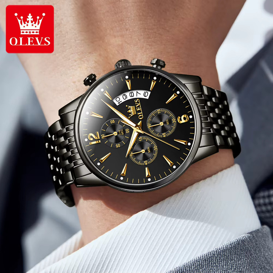 OLEVS Chronograph, Edelstahl, Quarz, Schwarz, Herren - Bild 5