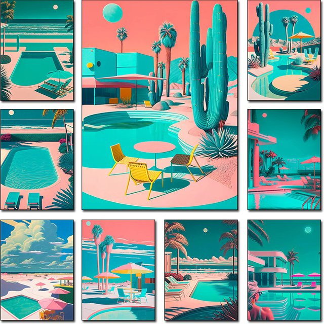 Potdemiel Retro Futuristische Beachside Palmen Wüste Schwimmbad Leinwand Wandkunst Mehrfarbig - Bild 1