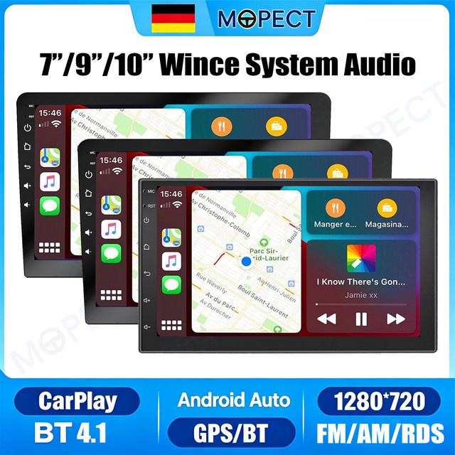 MOPECT Autoradio mit WinCE-System, kabellosem Carplay und Android Auto, Touchscreen mit Mirror Link, Bluetooth, Mikrofon, Kamera und 7-Farben-Beleuchtung, Schwarz - Bild 1