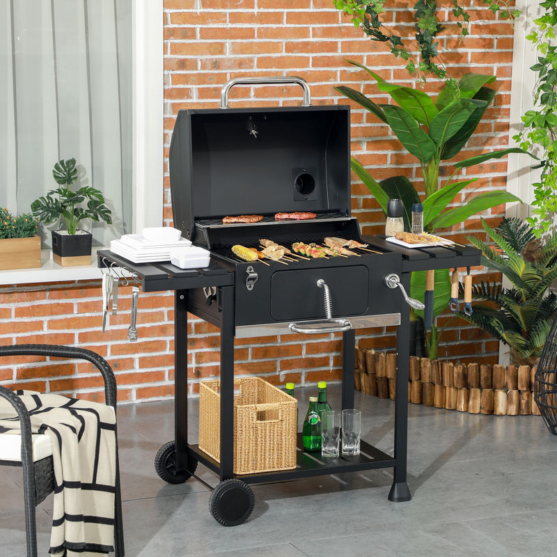 Outsunny Holzkohlegrill Campinggrill mit zwei Grillrosten, klappbaren Seitenablagen und Grillwagen mit Regal in Schwarz aus Edelstahl - Bild 2
