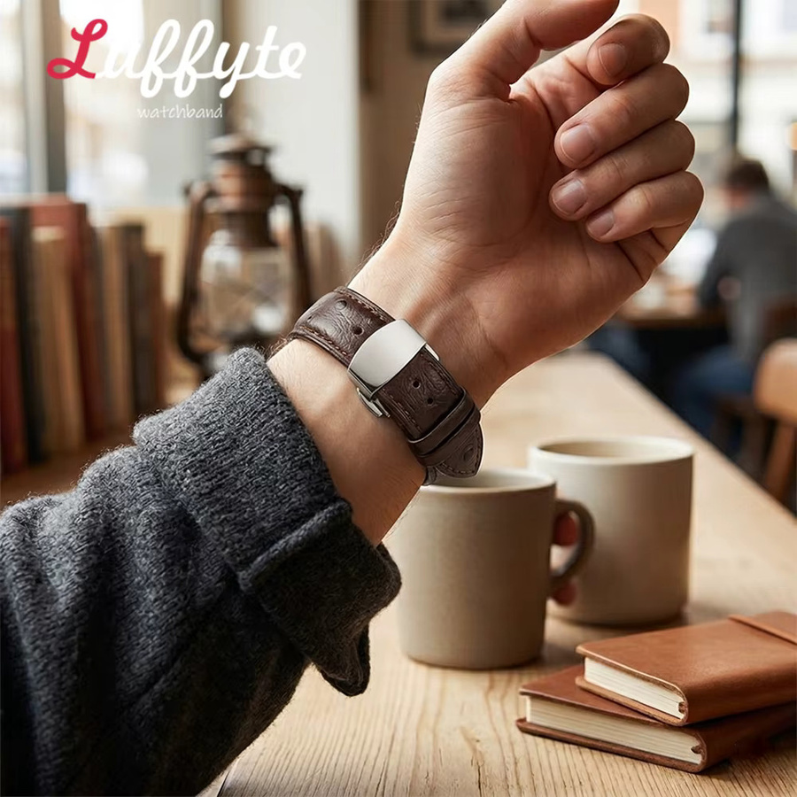 Luffyte Uhrenarmband Leder, Straußenleder-Textur, Schwarz, Unisex - Bild 3