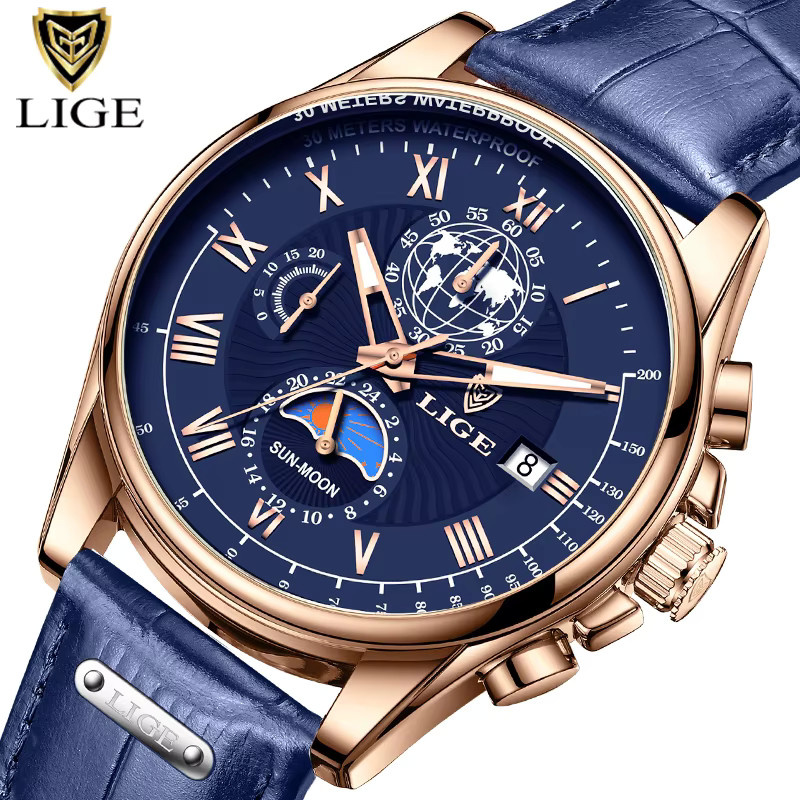 LIGE Armbanduhr, Quarz, Leder, Blau, Silber, Herren, Datum - Bild 6