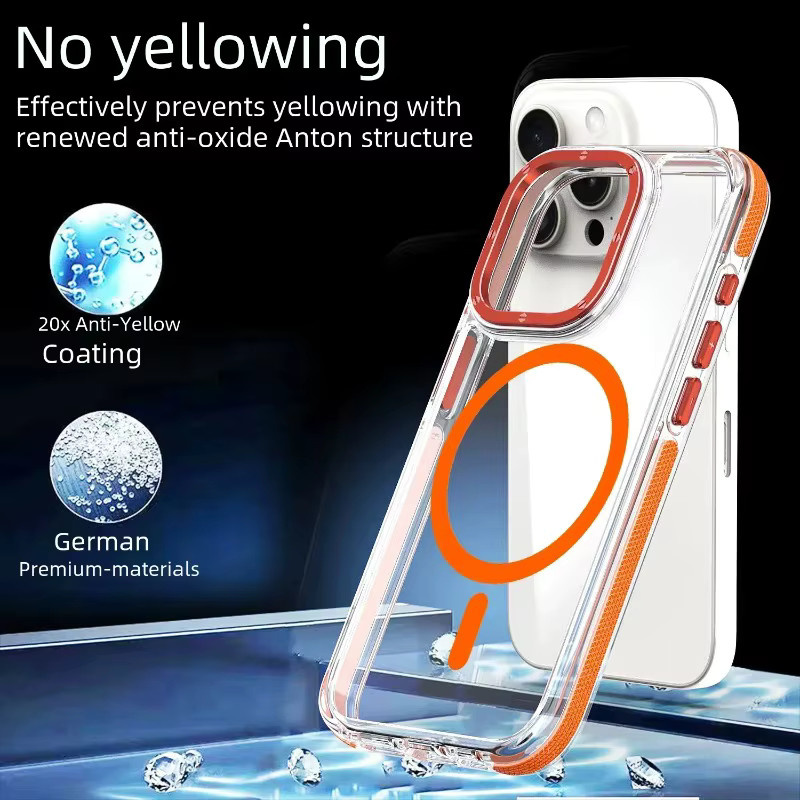 Magnetische kabellose Lade-Handyhülle mit Linsenschutz für Apple iPhone 17 16 15 14 13 12 Pro Max in Orange und Transparent - Bild 2
