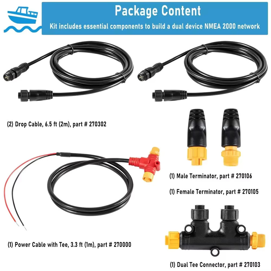 NMEA 2000 Starter-Kit in Schwarz mit Stromkabel, Drop-Kabel, Dual-T-Anschluss und Terminator-Kit für Lowrance, Simrad und Garmin Dual Device - Bild 4