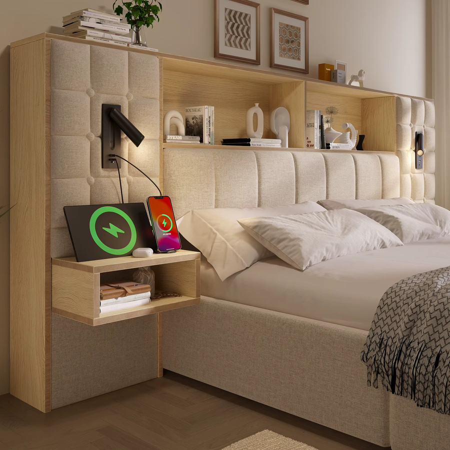 KOMHTOM Leinen-Systempolsterbett mit Stauraum, LED-Beleuchtung, 2 Leselampen, 2 integrierten Nachttischen und USB-Typ-C-Ladeport, Farbe: Beige oder Grün, B/T/H: 180 x 200 cm - Bild 4