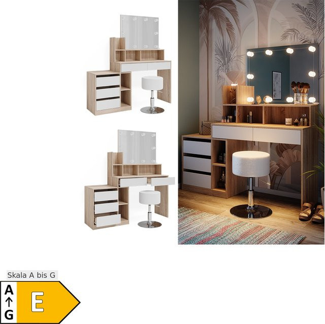 Vicco Schminktisch Anja mit LED-Spiegel und Hocker in Weiß/Sonoma, B: 139,8 cm, H: 115 cm, T: 40 cm - Bild 1