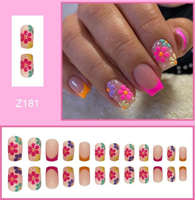 Press On Nails Quadratische Form, Bunte Blumen, Brown, 24 Stück - Bild 1