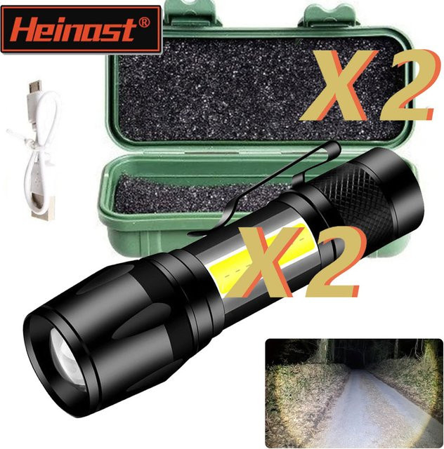 Heinast Mini LED Taschenlampe mit COB und XPE, tragbare USB-Aufladbare Camping Laterne mit Zoom und Stift-Clip, Schwarz - Bild 1