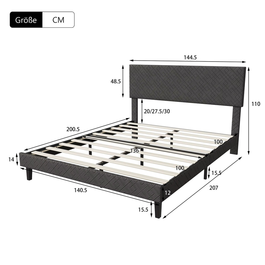 Comanlai Polsterbett Doppelbett mit Lattenrost aus Leinen, Grau, B/T/H: 140 x 200 cm - Bild 6
