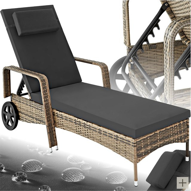 tectake Rattan Sonnenliege mit verstellbarer Rückenlehne und Kissen in Dunkelgrau, B/T/H: 200 x 70 x 33 cm - Bild 1