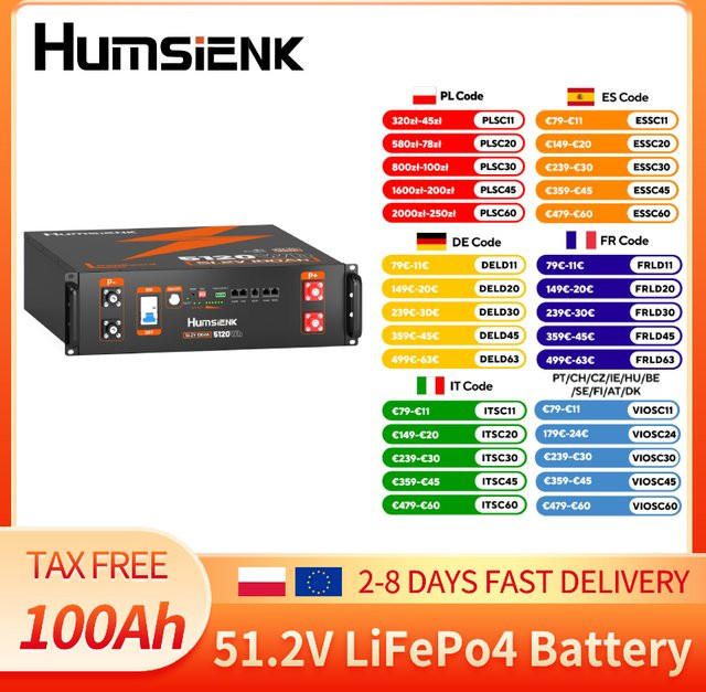 Humsienk 48V 100Ah LiFePO4 Lithium-Batterie mit Bluetooth und aktiver Balancierung in Schwarz für Solaranlagen und Backup-Systeme - Bild 1