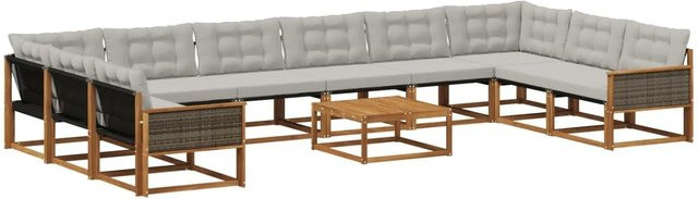 vidaXL Outdoor-Sofagarnitur in U-Form aus massivem Akazienholz mit Textilene und 11 Kissen, Hellgrau - Bild 1