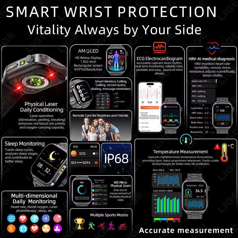 LIGE Smartwatch mit Lasertherapie und Gesundheitsanalyse für EKG, PPG, Blutfette, Harnsäure, Körperfett und Temperatur in Schwarz mit Sprachanruf-Funktion - Bild 2
