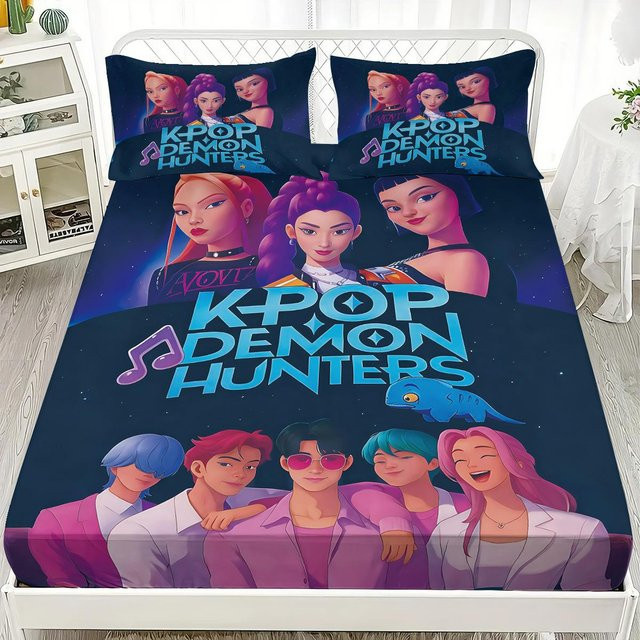 Saja Spannbettlaken Set DemonHunters für Jungen, 3-teilig, Microfaser, Mehrfarbig, B/T: 150 x 200 cm, Höhe: 30 cm - Bild 1