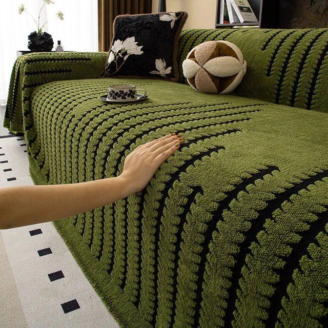 Dunkelgrünes Plüsch-Sofahandtuch im böhmischen Jacquard-Stil als weiche und dicke Decke für dein Wohnzimmer - Bild 1