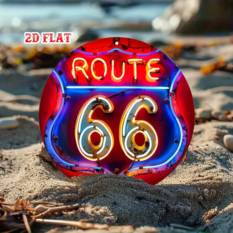 Potdemiel Route 66 Vintage-Leuchtreklame – Runde Aluminium-Wanddekoration im Americana Style, Mehrfarbig, Durchmesser: 20 cm - Bild 4