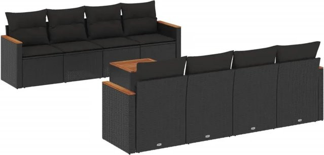 vidaXL 9-teilige Garten-Sofagarnitur aus Poly-Rattan und Akazienholz in Schwarz mit Kissen - Bild 1
