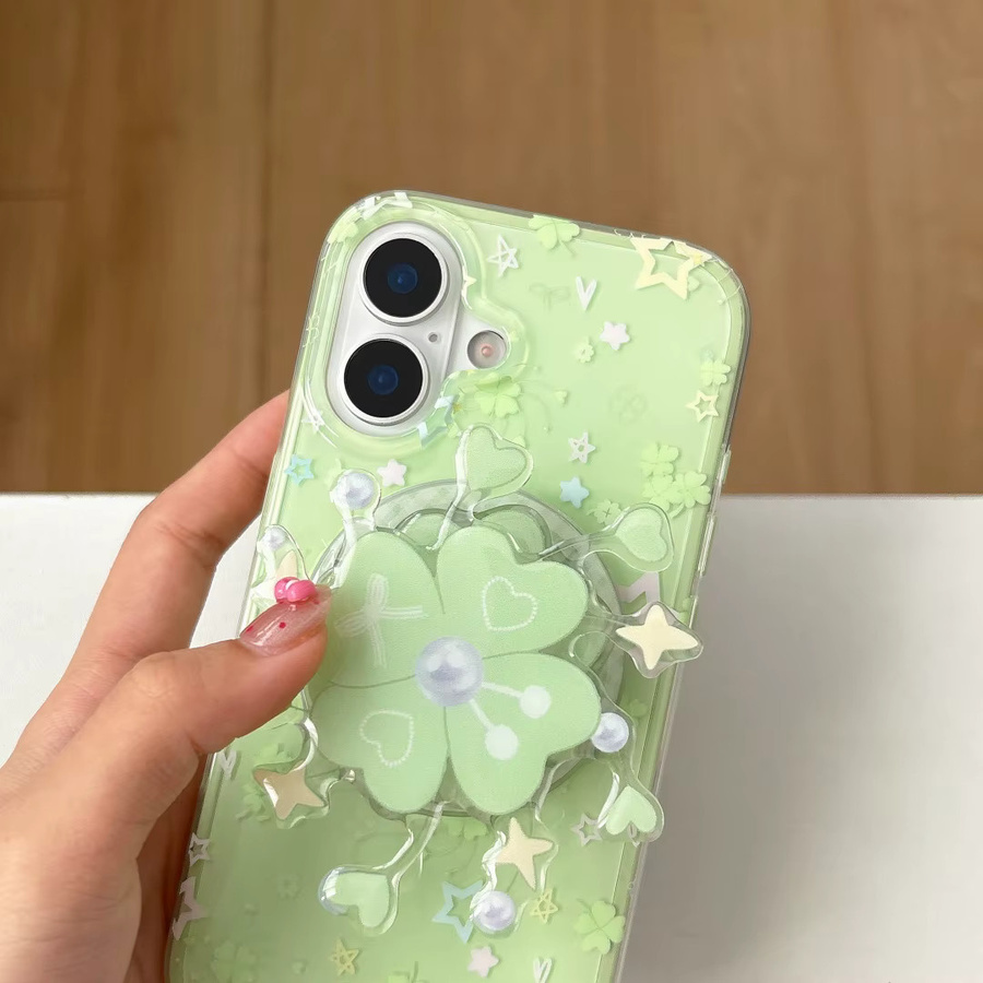 Grüne Handyhülle mit vierblättrigem Kleeblatt-Design und MagSafe-Magnet für iPhone 16, 15 und 14 Pro Max - Bild 2