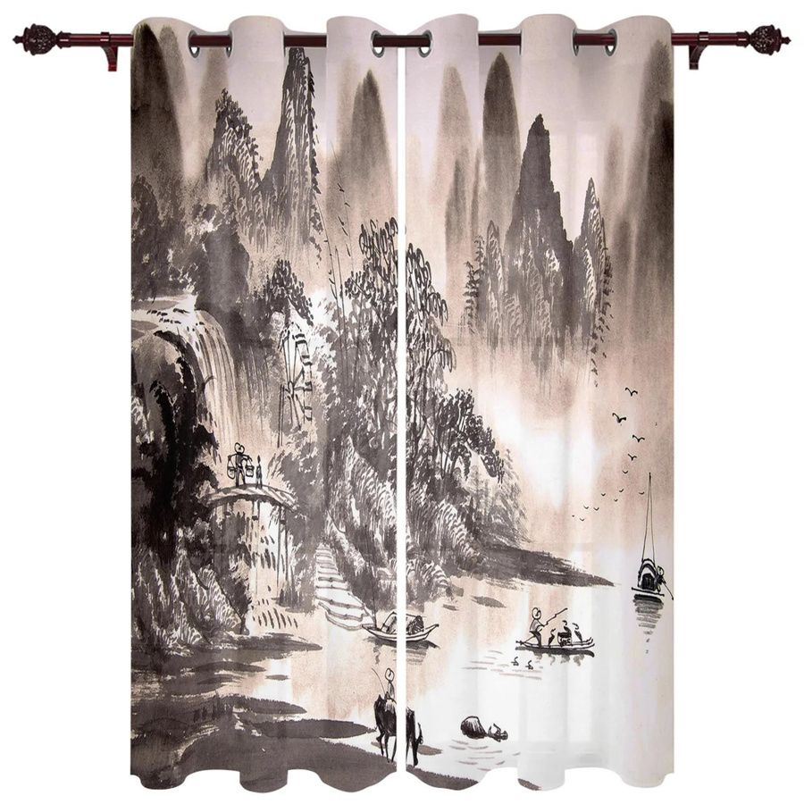 Landschaftsmalerei Vorhang mit Boot und Bergen für Wohnzimmer, Schlafzimmer oder Küche, halbtransparent, Mehrfarbig, Breite: 135 cm, Höhe: 60 cm - Bild 2