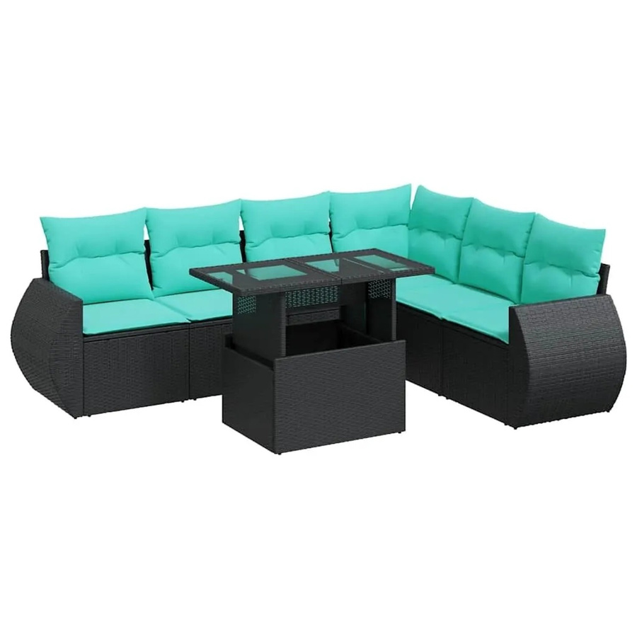 vidaXL 7-teilige Garten-Sofagarnitur in L-Form aus schwarzem Poly-Rattan mit Kissen und pulverbeschichtetem Stahlgestell - Bild 2