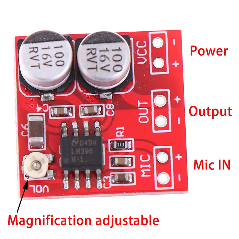 LM386 Elektretmikrofon Leistungsverstärkerplatine mit 200-facher Verstärkung, DC 5V-12V, Rot - Bild 2