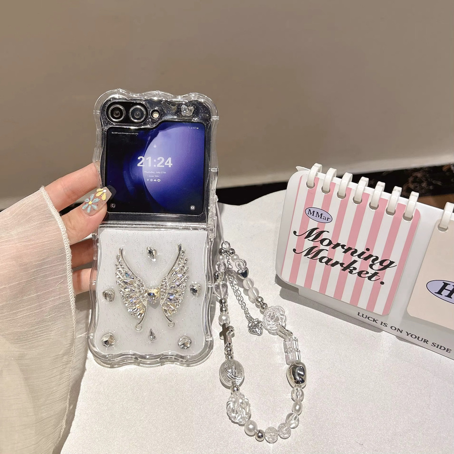 Süße Liebe Schmetterling Handyhülle für Samsung Galaxy Z Flip 3 4 5 6 7, stoßfeste Wellenabdeckung mit Lanyard in Transparent - Bild 2