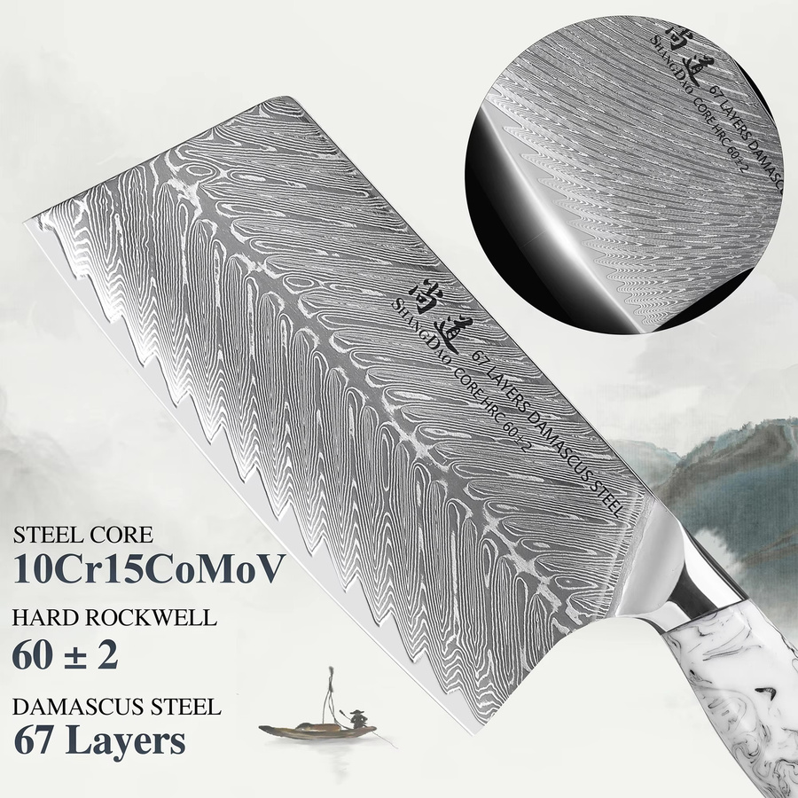 SHANGDAO Professionelles chinesisches Kochmesser aus geschmiedetem Damaststahl VG10 mit Harzgriff und Full Tang, Klingenlänge: 17,8 cm - Bild 2