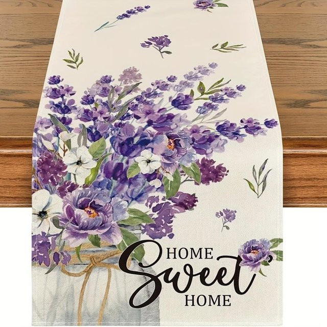 JMG Household Supplies Tischläufer aus Leinen mit lila Lavendel-Blumenmuster, Grau/Mehrfarbig, B: 150 cm, T: 33 cm - Bild 1