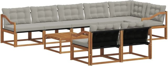 vidaXL Outdoor-Sofagarnitur 9-teilig aus massivem Akazienholz mit Textilene und Kissen in Natur und Hellgrau - Bild 1