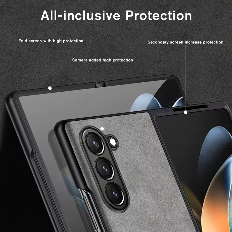 Matte Business Skin Touch Retro Lammfell Leder Handyhülle für Samsung Galaxy Z Fold 7, 6, 5, 4, 3 aus PU und TPU in Schwarz und Grau - Bild 2