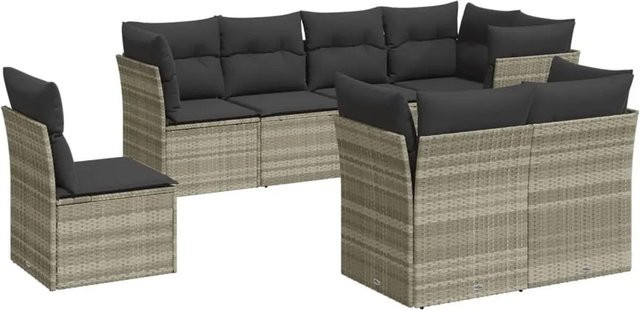 vidaXL 8-tlg. Garten-Sofagarnitur in L-Form aus Poly-Rattan und Metall, Hellgrau mit Kissen und UV-beständigen Bezügen - Bild 1