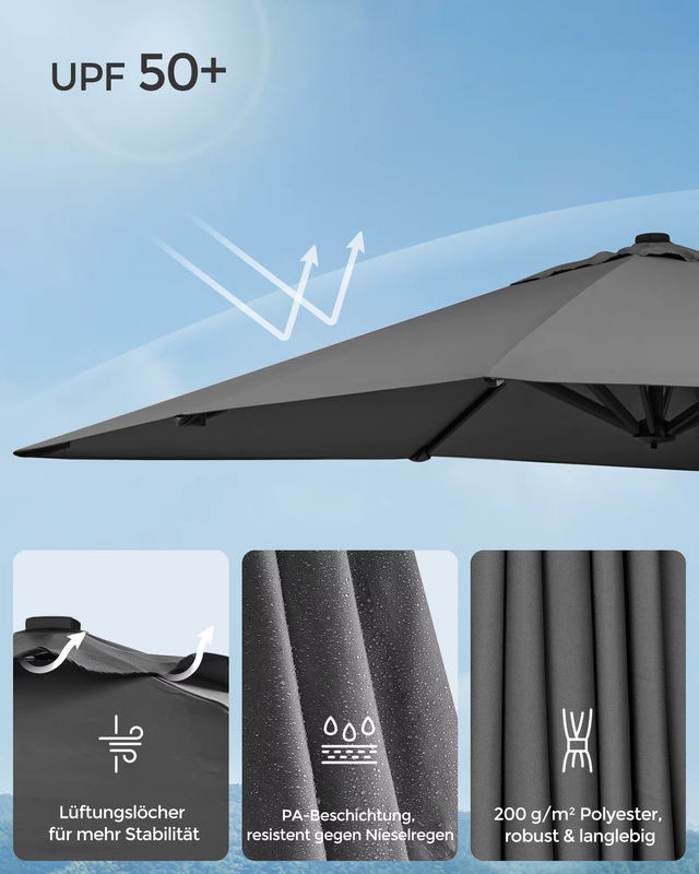 SONGMICS Sonnenschirm in Grau mit Ständer, 360 Grad drehbar, UPF 50+ und Polyester-Bespannung, B/T/H: 290 x 290 x 253 cm - Bild 3