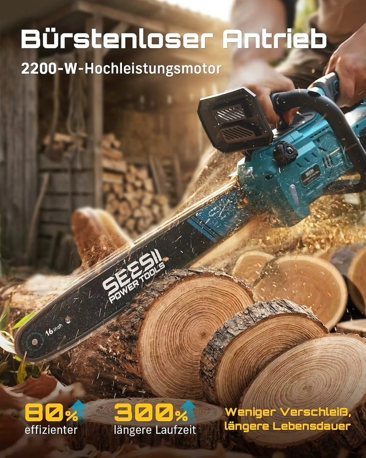 SEESII 40V 16-Zoll bürstenlose Kettensäge mit automatischer Ölschmierung, 2000W kabellose elektrische Säge in Blau, kompatibel mit Makita 18V Akku - Bild 3