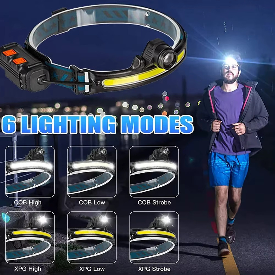 XIWANGFIRE LED Stirnlampe mit XPG+COB Zoom und USB-Ladung, wiederaufladbarer Induktionsscheinwerfer in Schwarz für Outdoor, Camping und Angeln - Bild 3