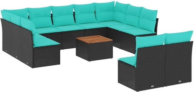 vidaXL 12-teilige Garten-Sofagarnitur in L-Form aus Polyrattan mit Kissen und Tisch, Schwarz - Bild 1