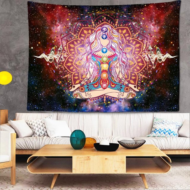 Meditierender Wandteppich Sieben Chakren in Pink und Multicolour, Boho Hippie Wandbehang mit geometrischem Design, Breite: 95 cm, Höhe: 70 cm - Bild 1