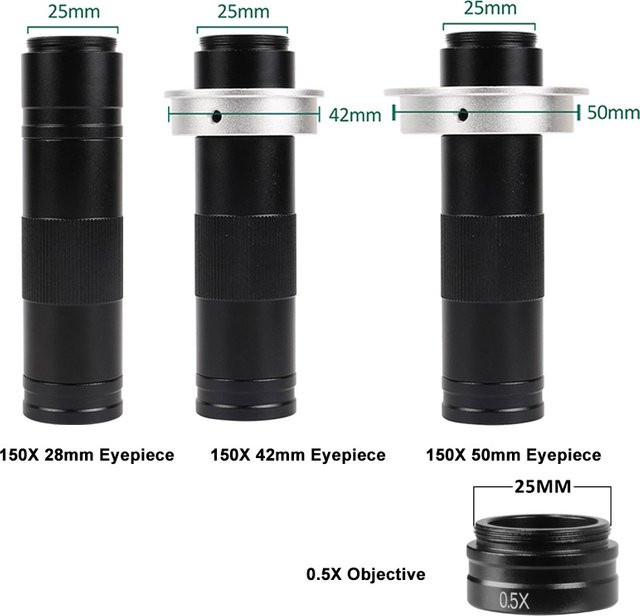 YIZHAN C-Mount Zoomobjektiv mit 150X Vergrößerung und 0,5X Zusatz-Barlow-Linse in Schwarz, 25mm Fokus und Sichtfeld 28/42/50mm - Bild 1