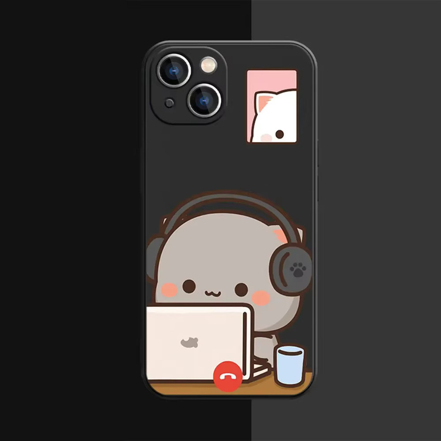 Schutzhülle mit Cartoon Pfirsich Mochi Katze Motiv für iPhone Modelle in Schwarz - Bild 1
