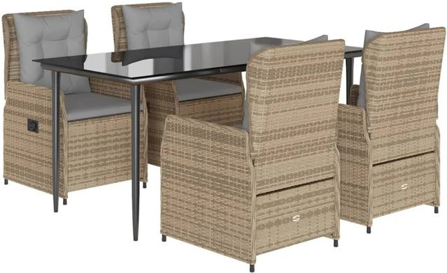 vidaXL 5-teilige Garten-Essgruppe aus Poly Rattan mit Kissen in Beige und Grau mit Tisch aus gehärtetem Glas für Garten, Hinterhof und Terrasse - Bild 1