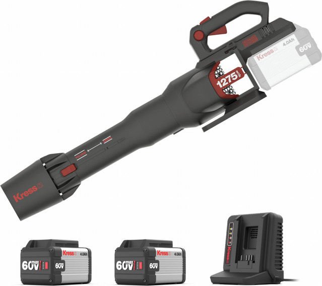 AkkuLaubbläser KG560 60 V Gartenbläser Komplettset mit 2 Akkus und 1 Doppelladegerät - Bild 1