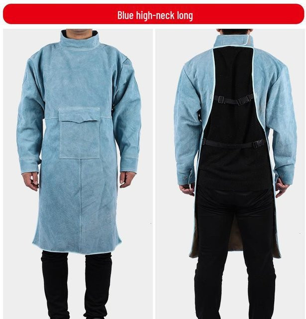 Got Now Rindsleder Schweißerschürze mit High Collar in Blau-Grau, Hitzebeständig und Spritzerschutz, Länge: 105 cm - Bild 1