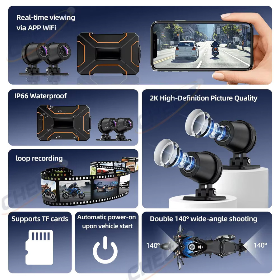 WDSZKMYF 2K Motorrad Dashcam mit Dual-DVR, 1080P Actionkamera vorne und hinten, 140° Weitwinkel, WiFi und wasserdicht, Schwarz - Bild 4