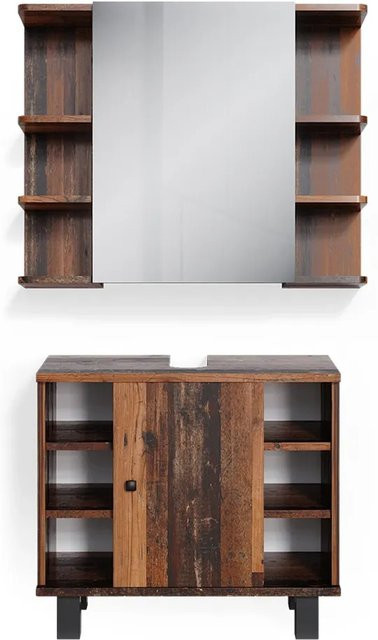 Vicco Badmöbelset Fynn Old Style in Eiche Rustikal, 2-teilig mit Waschtischunterschrank und Spiegelschrank, Farbe: Braun, B/T/H: 60,0 x 32,0 x 54,0 cm und 31,8 x 32,0 x 76,7 cm - Bild 2