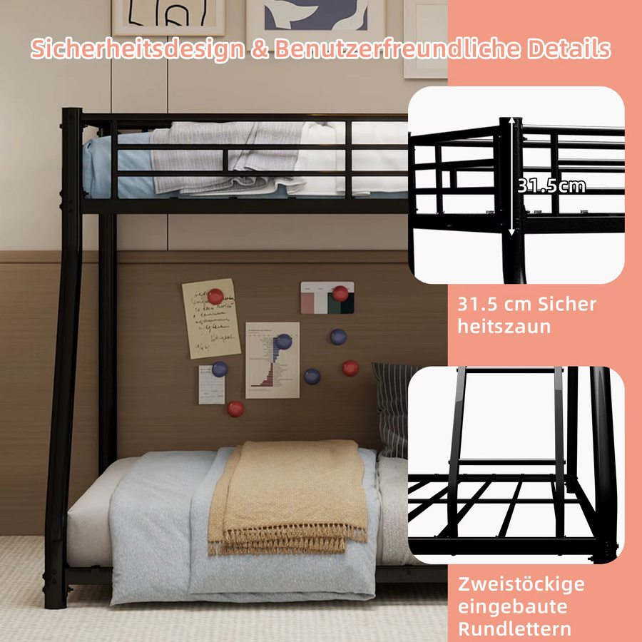 Modernes Etagenbett aus Metall in Schwarz mit Leiter, B/T/H: 90 x 190 cm - Bild 3