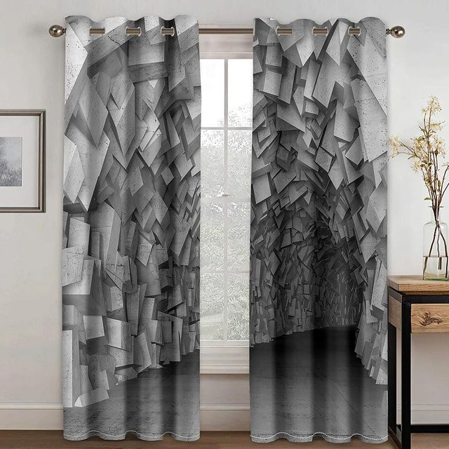 A Family Of Home Textiles 2er Set Vorhang mit abstraktem geometrischem Karomuster in Schwarz Weiß Rot Grau, halbtransparent, Breite: 50 cm, Höhe: 50 cm pro Paneel - Bild 1