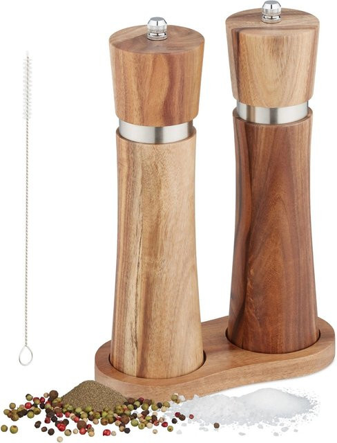 Relaxdays Salz und Pfeffermühle Set aus Akazienholz mit Keramikmahlwerk in Braun und Silber, Höhe: 21 cm, Durchmesser: 5,5 cm - Bild 1